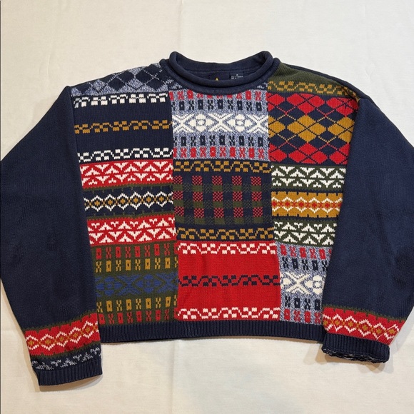 LIZ SPORT Vintage 90’s Medium Multicolor Patchwork Sweater Fair Isle 100% Cotton - Picture 2 of 8
